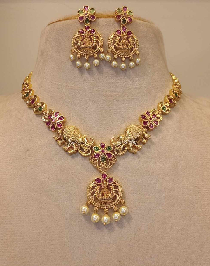 Matt Finish Kemp Stone Gajalakshmi Necklace Set