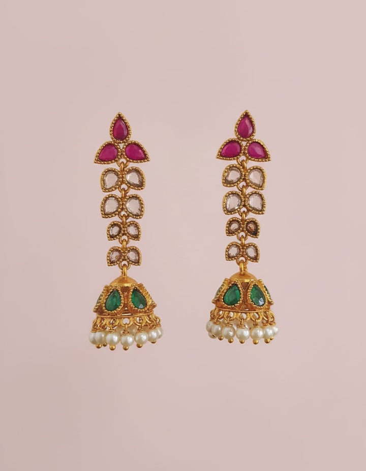 Kemp Stone Long Jhumka Earrings