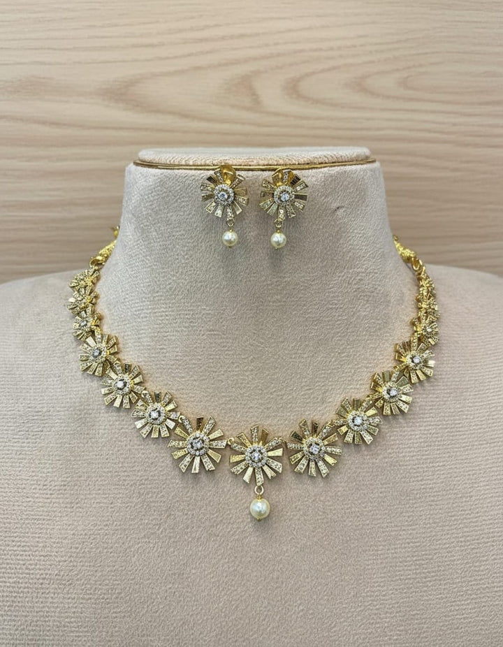 Flower Design AD Stone Gold Finish Necklace Set