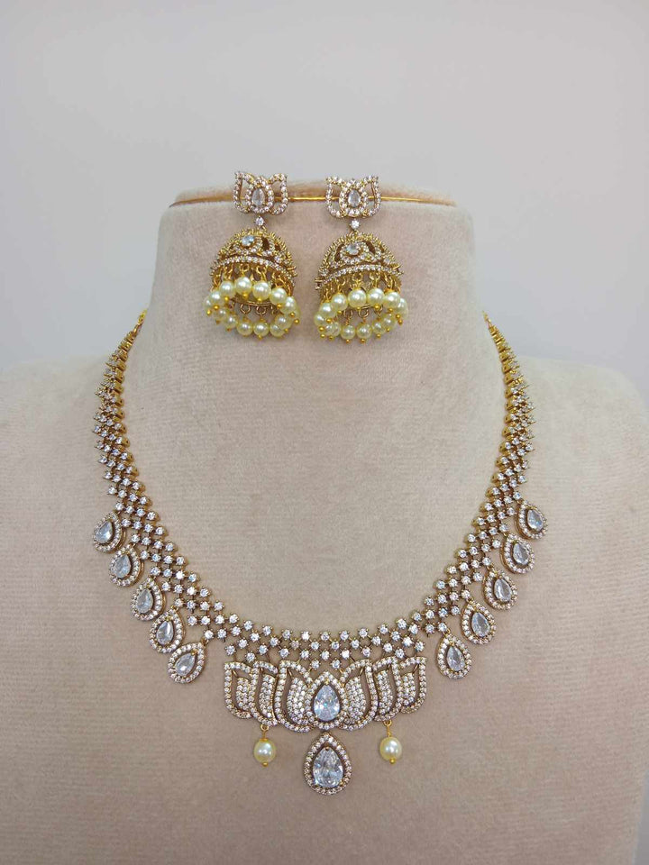 Mehndi Polish AD Stone Lotus Necklace Set