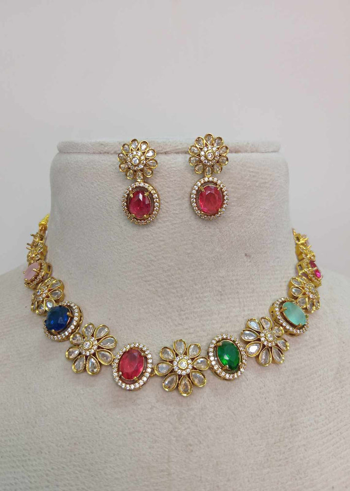 AD Stone Floral Design Necklace Set