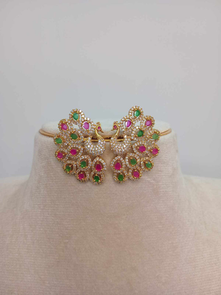 AD Stone Ruby and Emerald Stone Peacock Earrings
