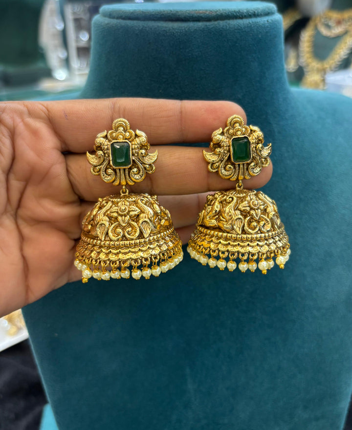 Antique Finish Heavy Jhumka with Emerald Stone