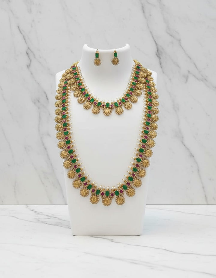 AD Stone Matt Finish Lakshmi Kaas Mala Necklace and Haram Set