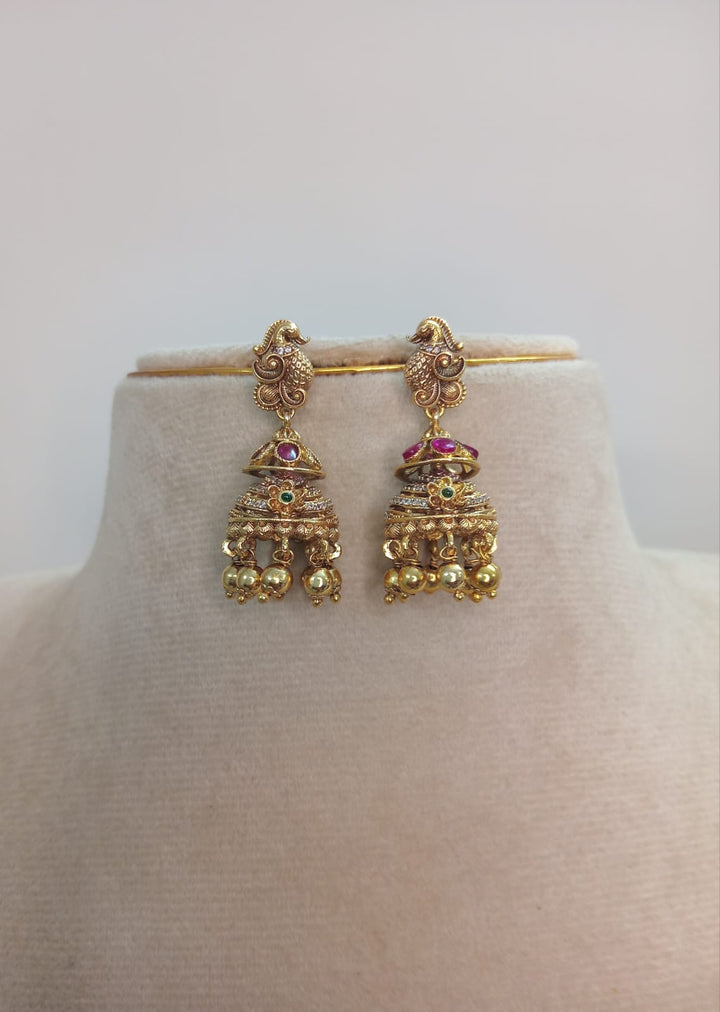 Antique Finish AD Stone Jhumka Earrings