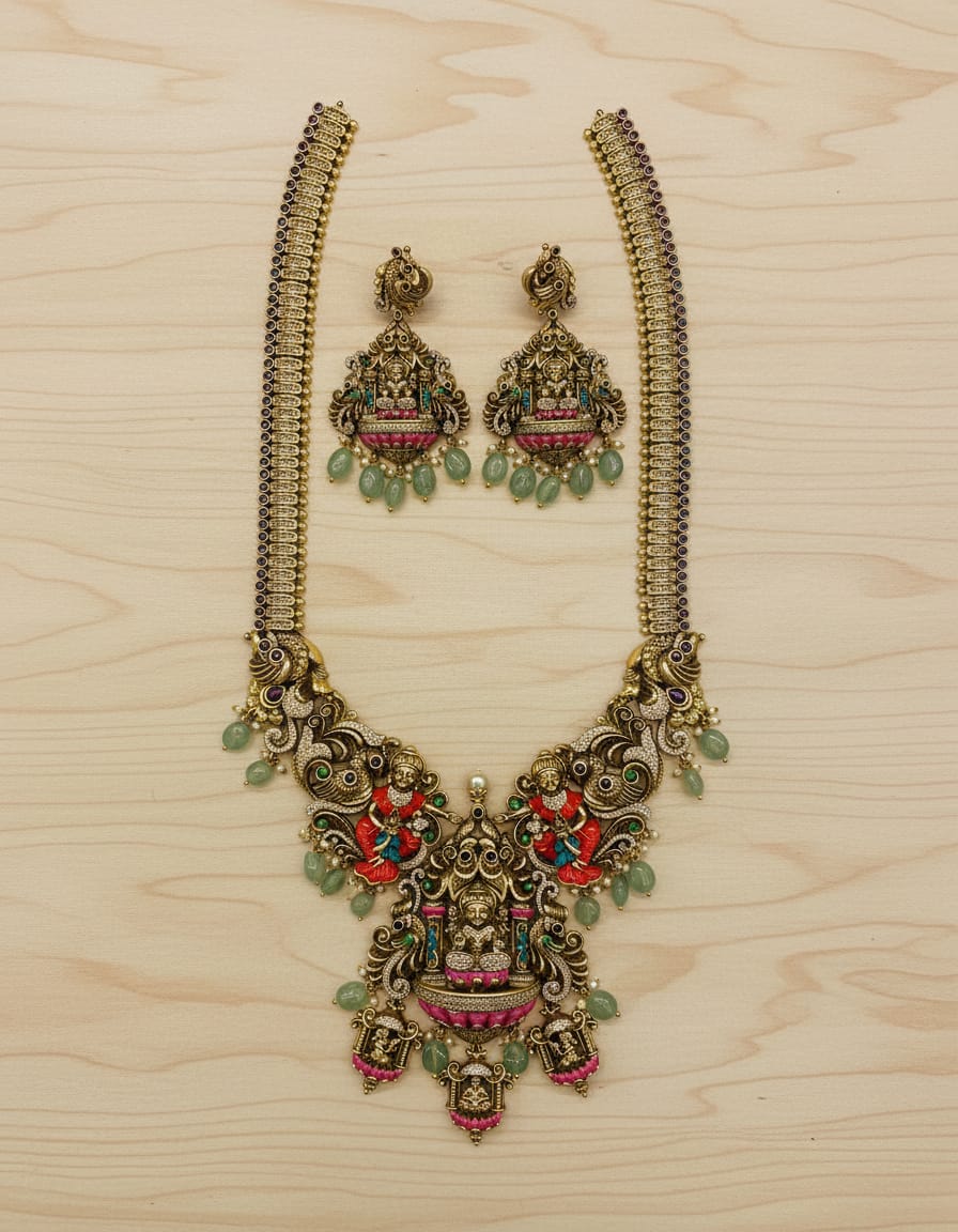 mahalakshmi-pendant-antique-finish-kalamkari-3d-design-haram-set