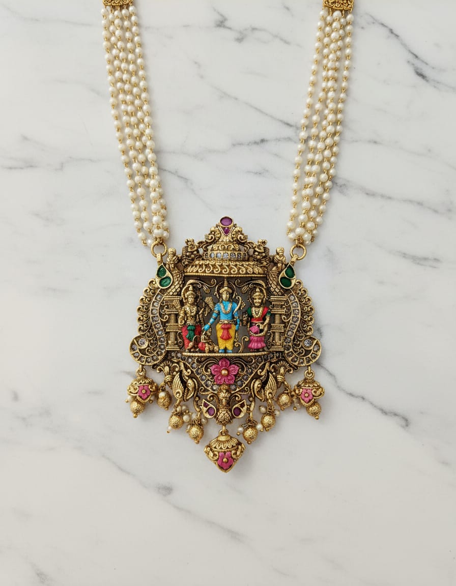 kalamkari-seetha-raman-antique-finish-pearl-haram-set