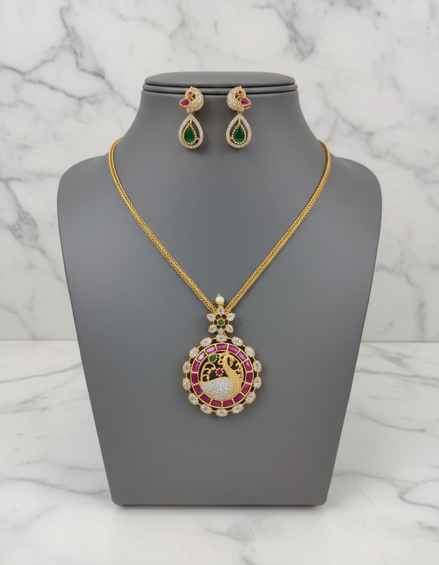 ad-stone-matt-finish-peacock-pendant-chain-necklace-set