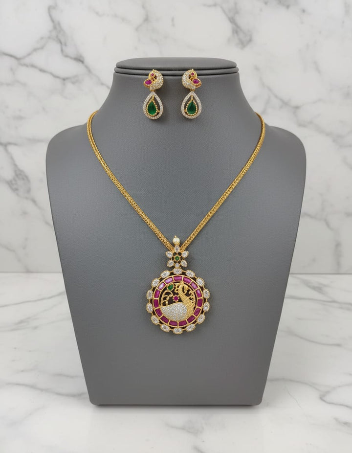 AD Stone Matt Finish Peacock Pendant Chain Necklace Set