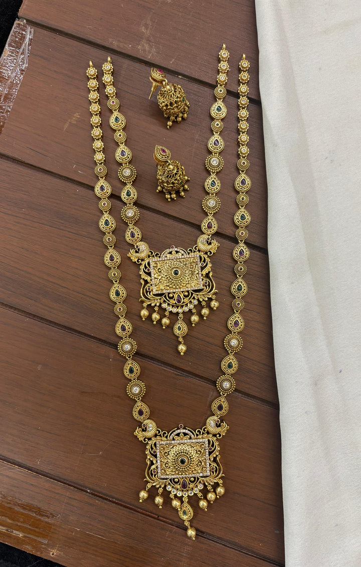 Antique Finish Kemp Stone Necklace and Haram Combo Set