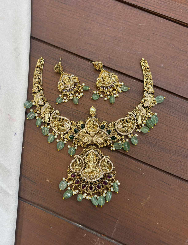Antique Finish AD Stone Lakshmi 3D Design Necklace Set