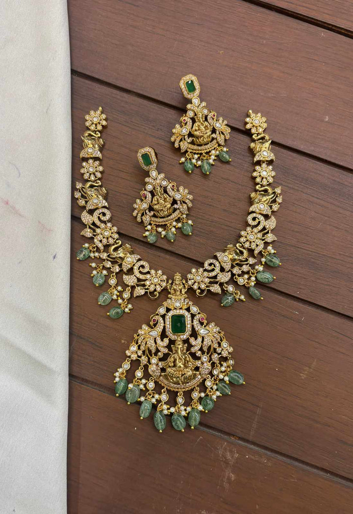 Emerald AD Stone Ganesha Antique Finish 3D Necklace Set