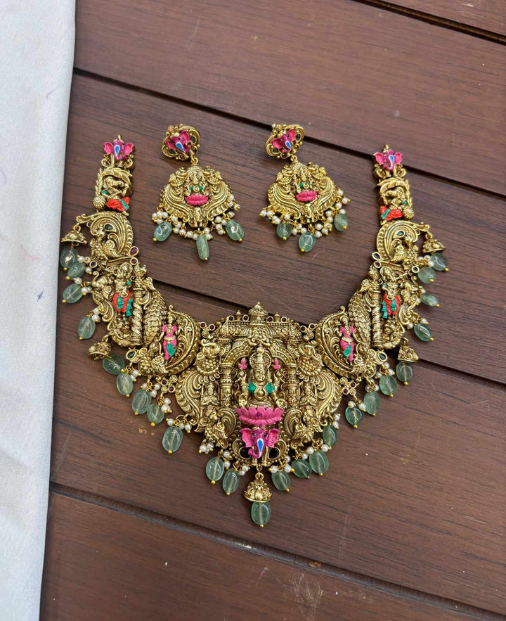 Kalamkari Gajalaxmi 3D Antique Finish Necklace Set