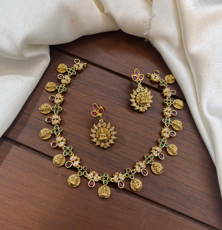 Matt Finish Lakshmi Coin Multi Colour Necklace Set