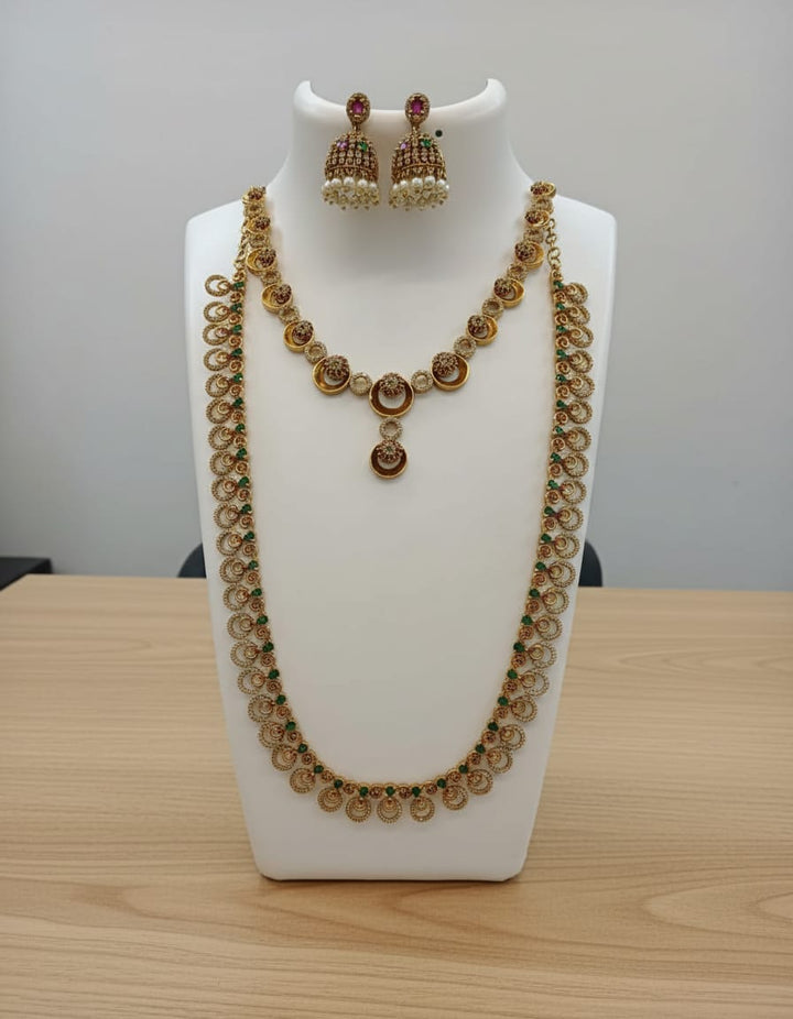 Gold Finish AD Stone Necklace and Haram Combo Set