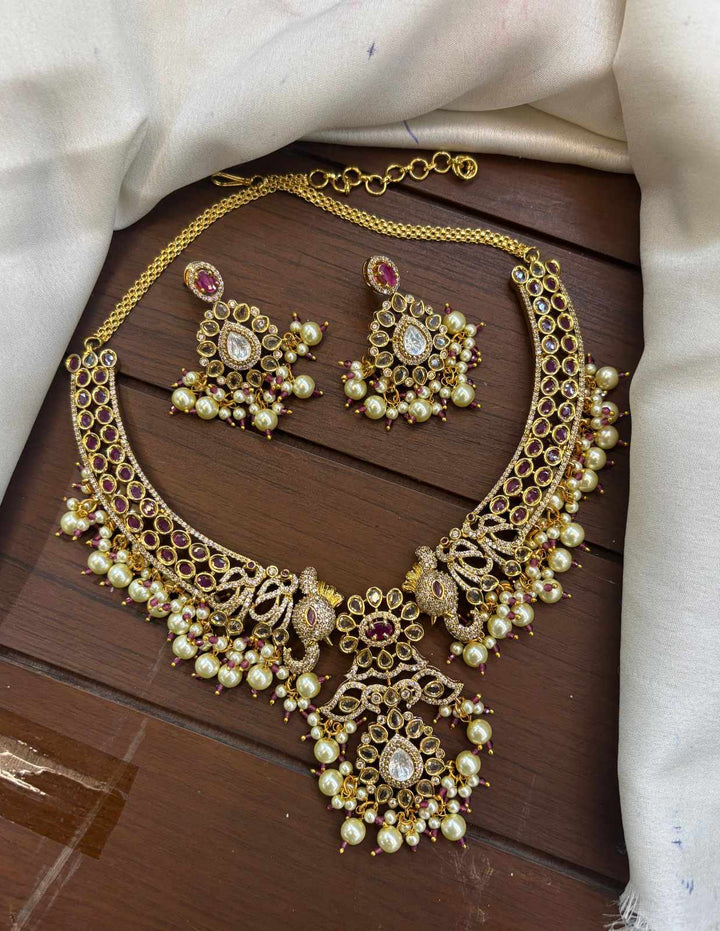 Gold Finish AD Stone Pearl Beads Necklace Set