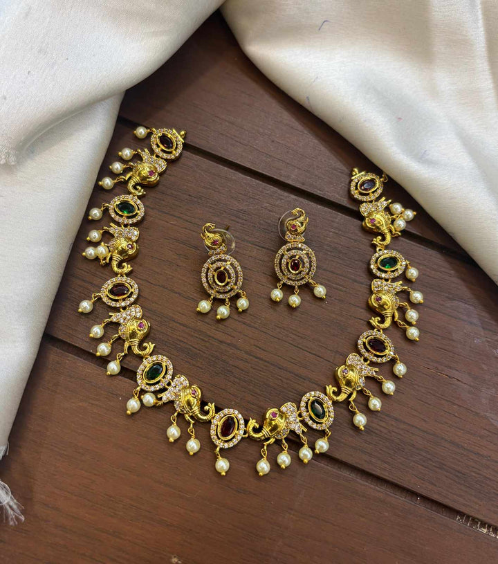 AD Stone Matt Finish Elephant Necklace Set