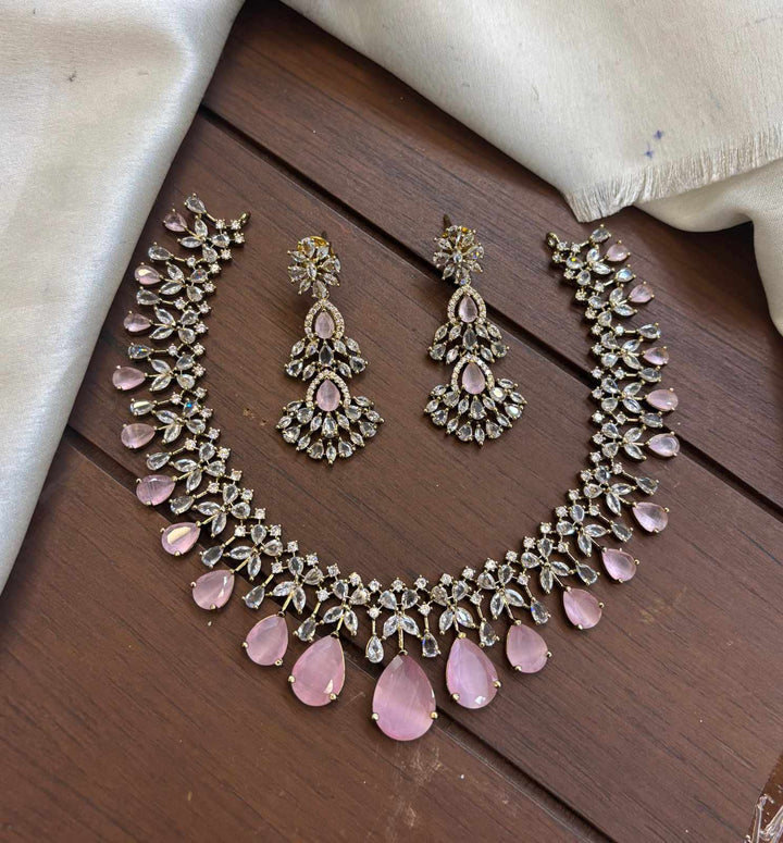 Mehndi Polish AD Stone Rain Drop Necklace Set