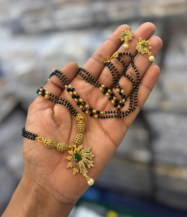 AD Stone Peacock Dollar Black Beads Chain Set