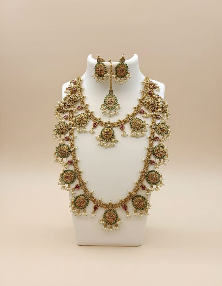 Gold Finish Kemp Stone Necklace and Haram Set
