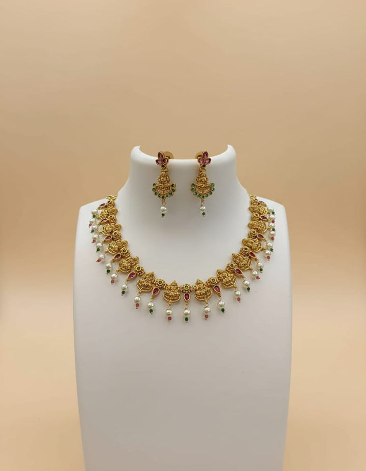 Matt Finish AD Stone Lakshmi Necklace Set