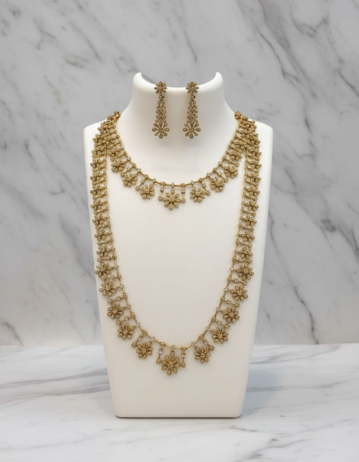 Gold Finish AD Stone Necklace and Haram Combo Set