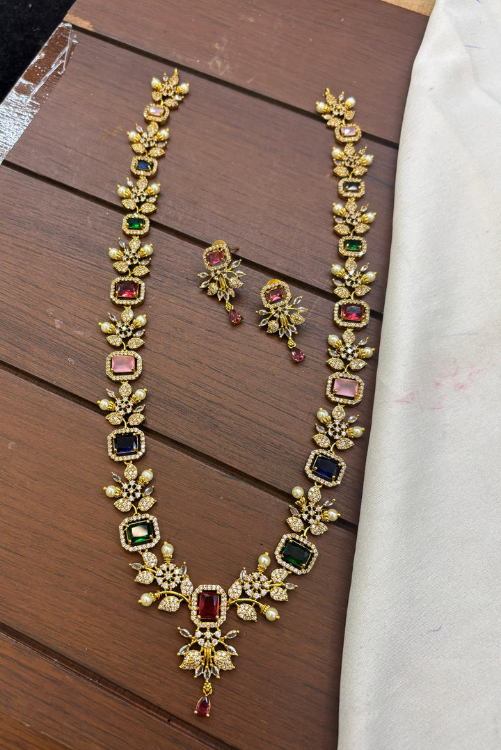 Gold Finish AD Stone Floral Design Haram Set