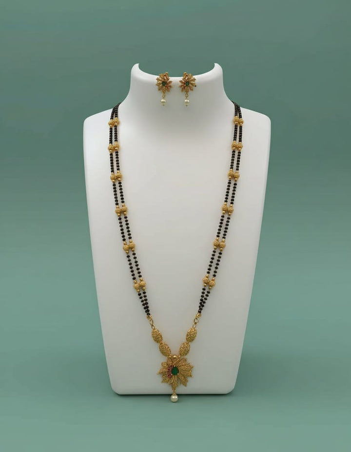AD Stone Dollar Black Beads Long Chain Set