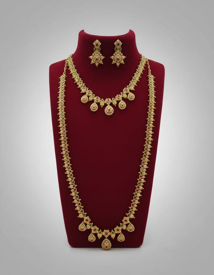 Gold Finish AD Stone Necklace and Haram Combo Set