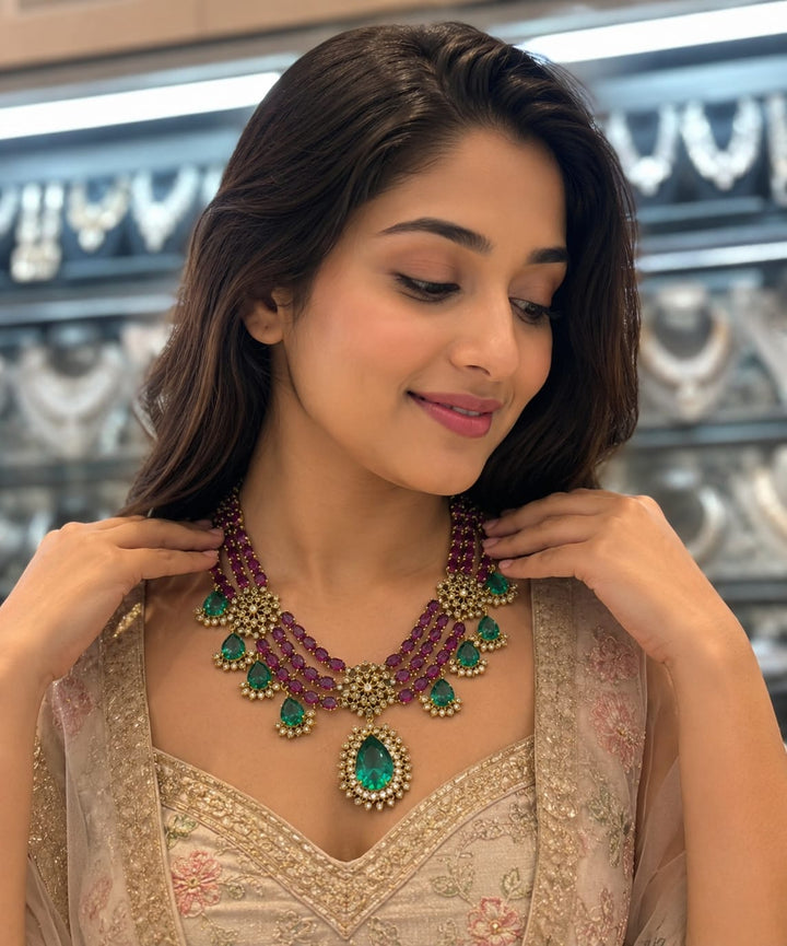 AD Stone Emerald and Ruby Stone Necklace Set