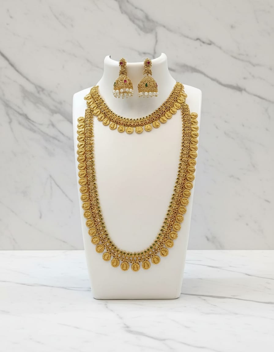antique-necklace-and-haram-with-ad-stone-jhumka-combo-set