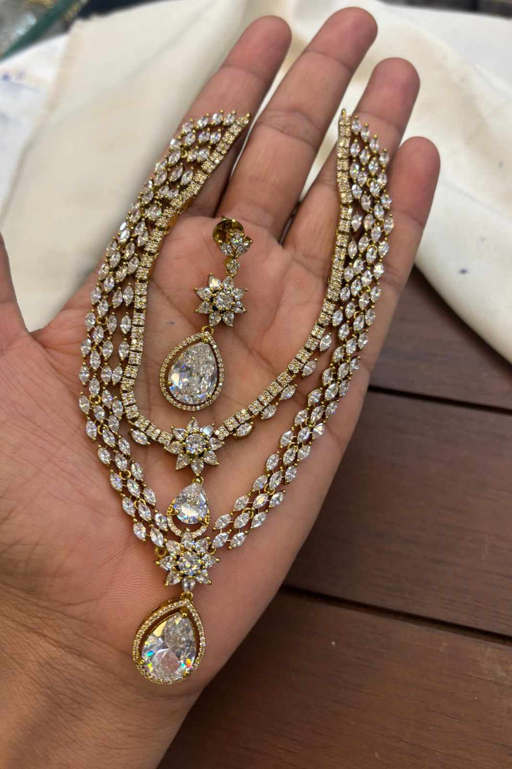 Gold Polish AD Stone 2 Layer Necklace Set