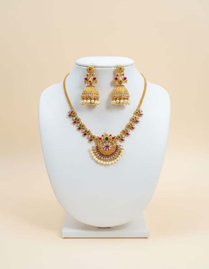 Matt Finish AD Stone Necklace with Jhumka