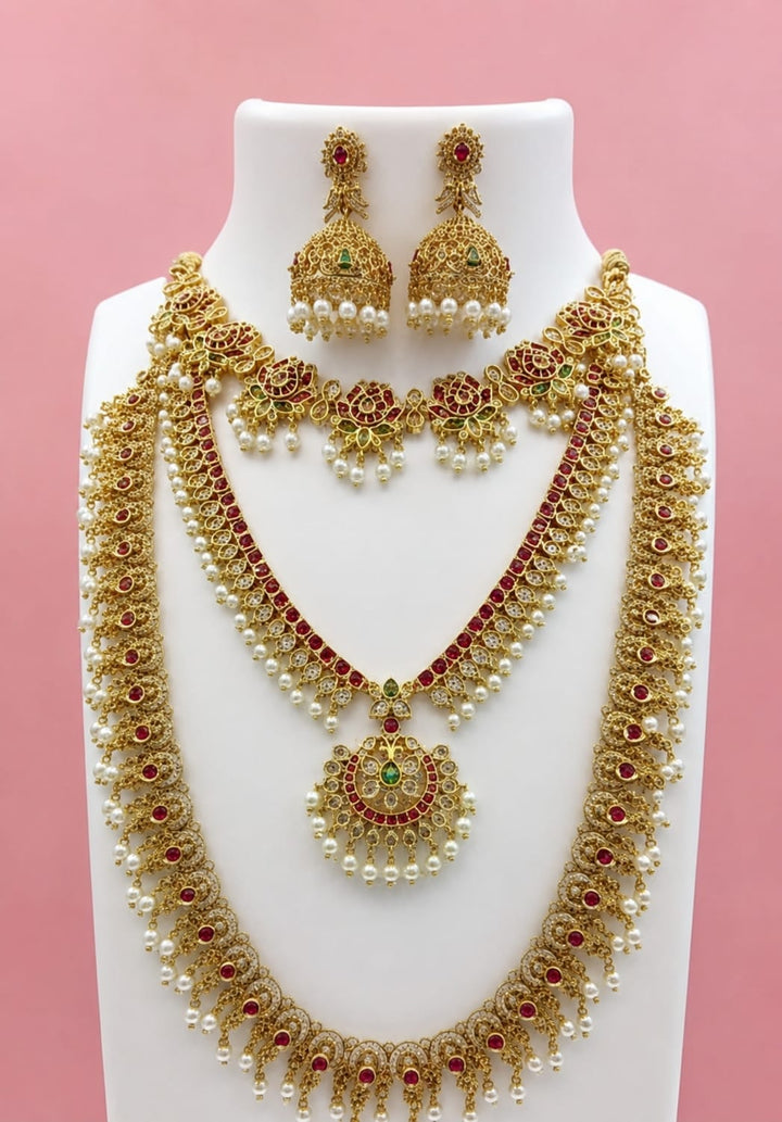 Gold Finish AD Stone Combo Set with Jhumka