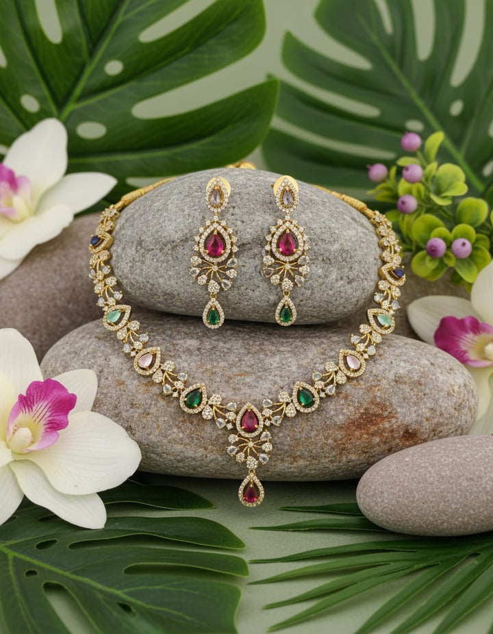 Mehndi Polish AD Stone Necklace Set
