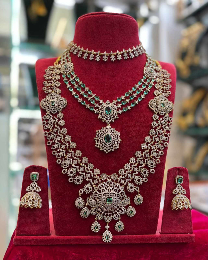 GJ Polish AD Stone 3 Layer  Necklace and Haram Bridal Set