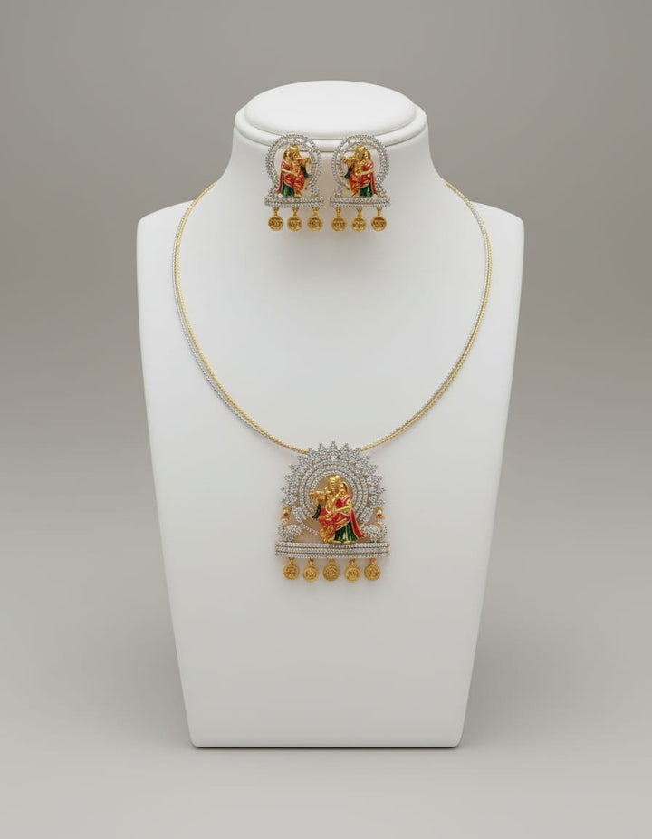 GJ Polish AD Stone Kalamkari Radhe Krishna Pendant Invisible Dollar Chain
