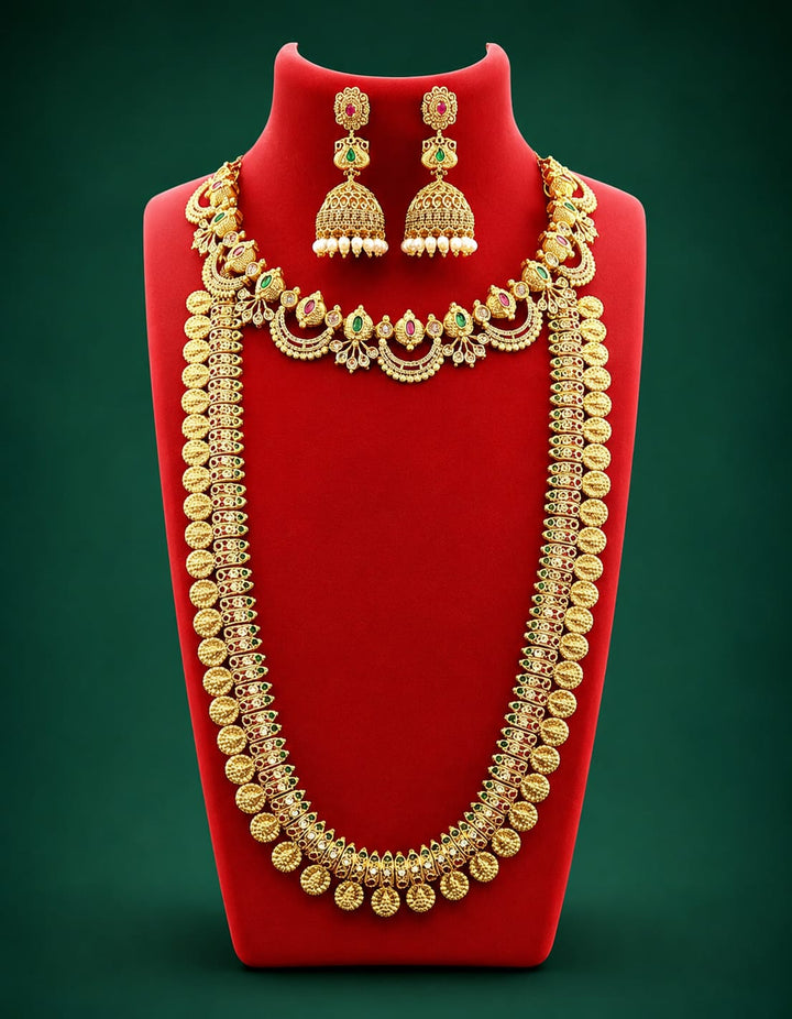 Gold Finish AD Stone Necklace, Haram and Jhumka Set