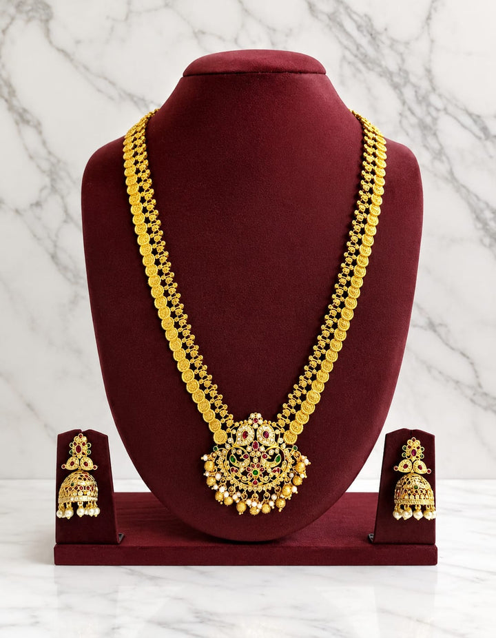 Antique Kaas Mala AD Stone Haram with Jhumka Set