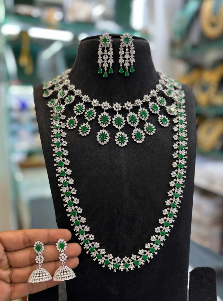Silver Polish AD Stone Necklace and Haram Set