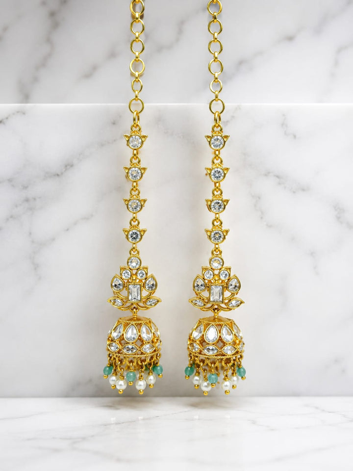 Gold Finish Kemp Stone Jhumka with Mattal