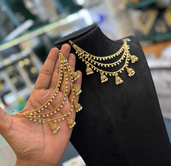 Gold Finish Pearl 3 Layer Jhumka Earchain