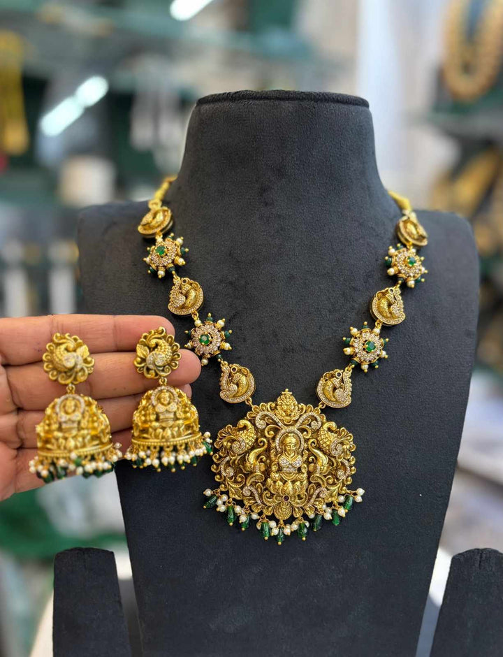 Antique Finish Lakshmi Necklace with Jhumka Set