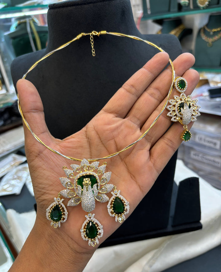 GJ Polish AD Stone Peacock Pendant Invisible Necklace Set