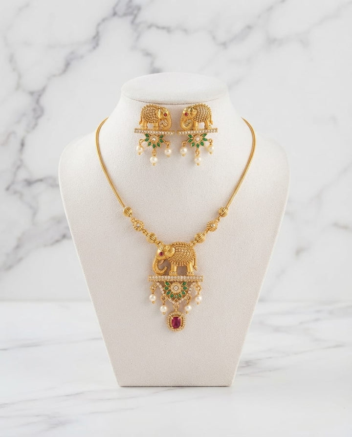 Gold Finish AD Stone Elephant Necklace Set