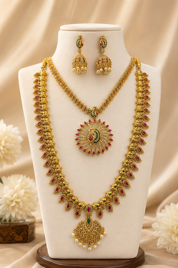 Matt Finish AD Stone Necklace and Haram Combo Set