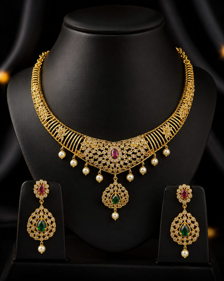 Gold Finish AD Stone Necklace Set
