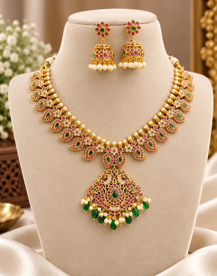 Gold Finish Kemp Stone Necklace Set with Jhumka