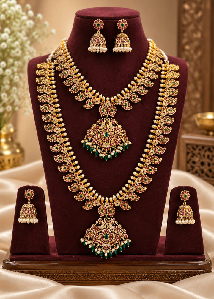 Gold Finish Kemp Stone Necklace and Haram Manga Combo Set
