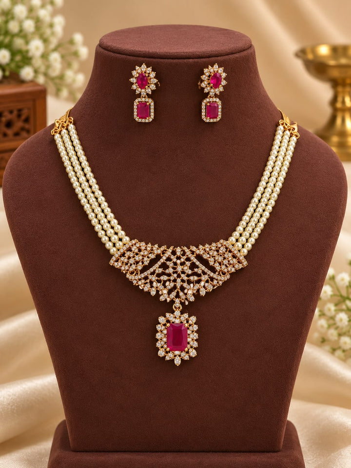 Gold Polish AD Stone Pearl 3 Layer Necklace Set